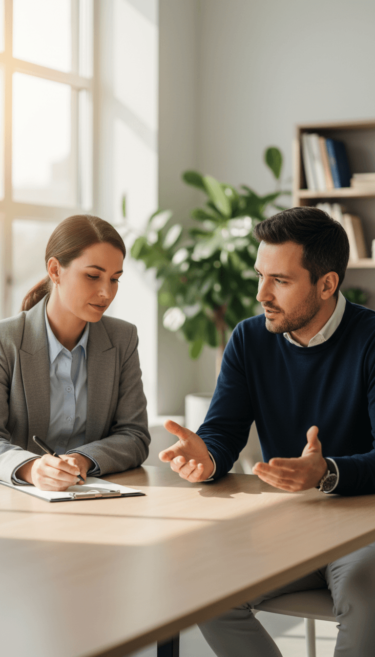 Professional consultation meeting between two people discussing program details at a wooden table with natural window lighting