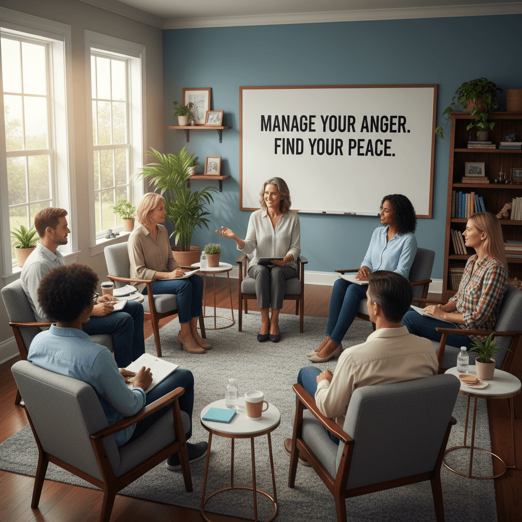 Anger management instructor leading group class with participants sitting in circle