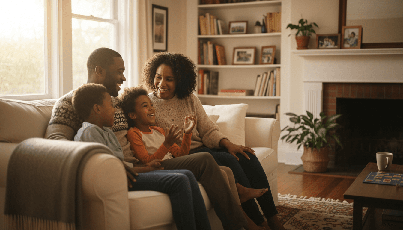 Black parents and children in a warm, supportive family moment