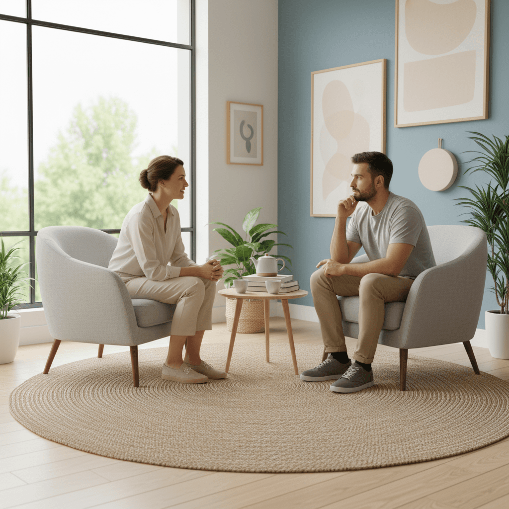 Counselor and client in therapy session exploring root causes of behavior