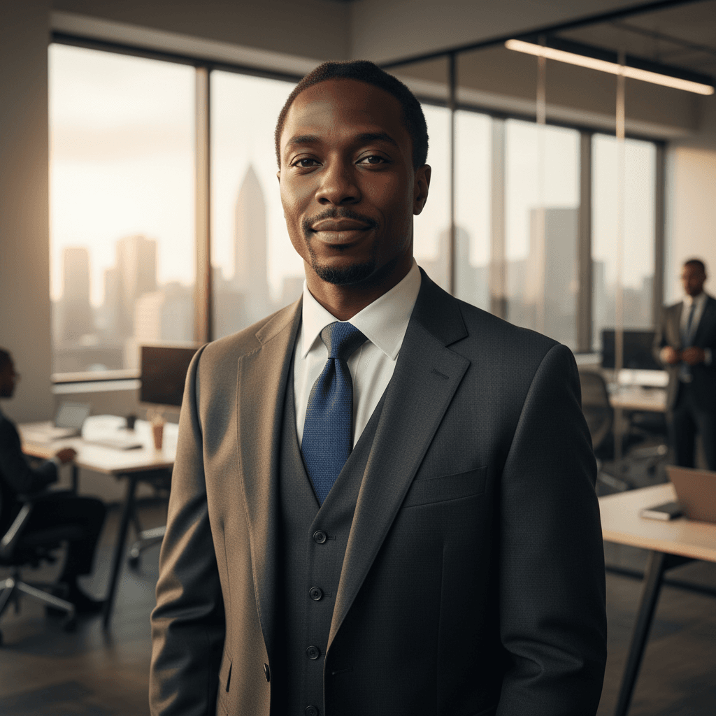 Black man in a suit resembling Nipsey Hussle in a modern office setting with natural light.