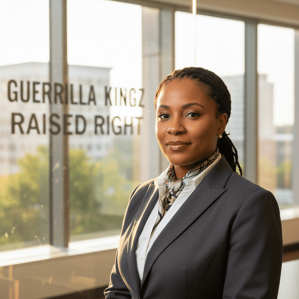 Professional Black woman in a grey suit standing before a window with Guerrilla Kingz branding.