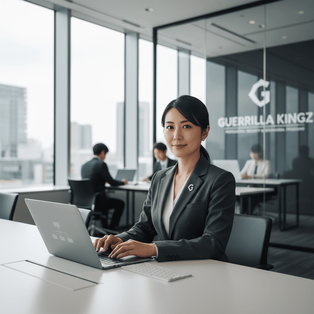 Japanese woman in a business suit at a modern office desk with a laptop