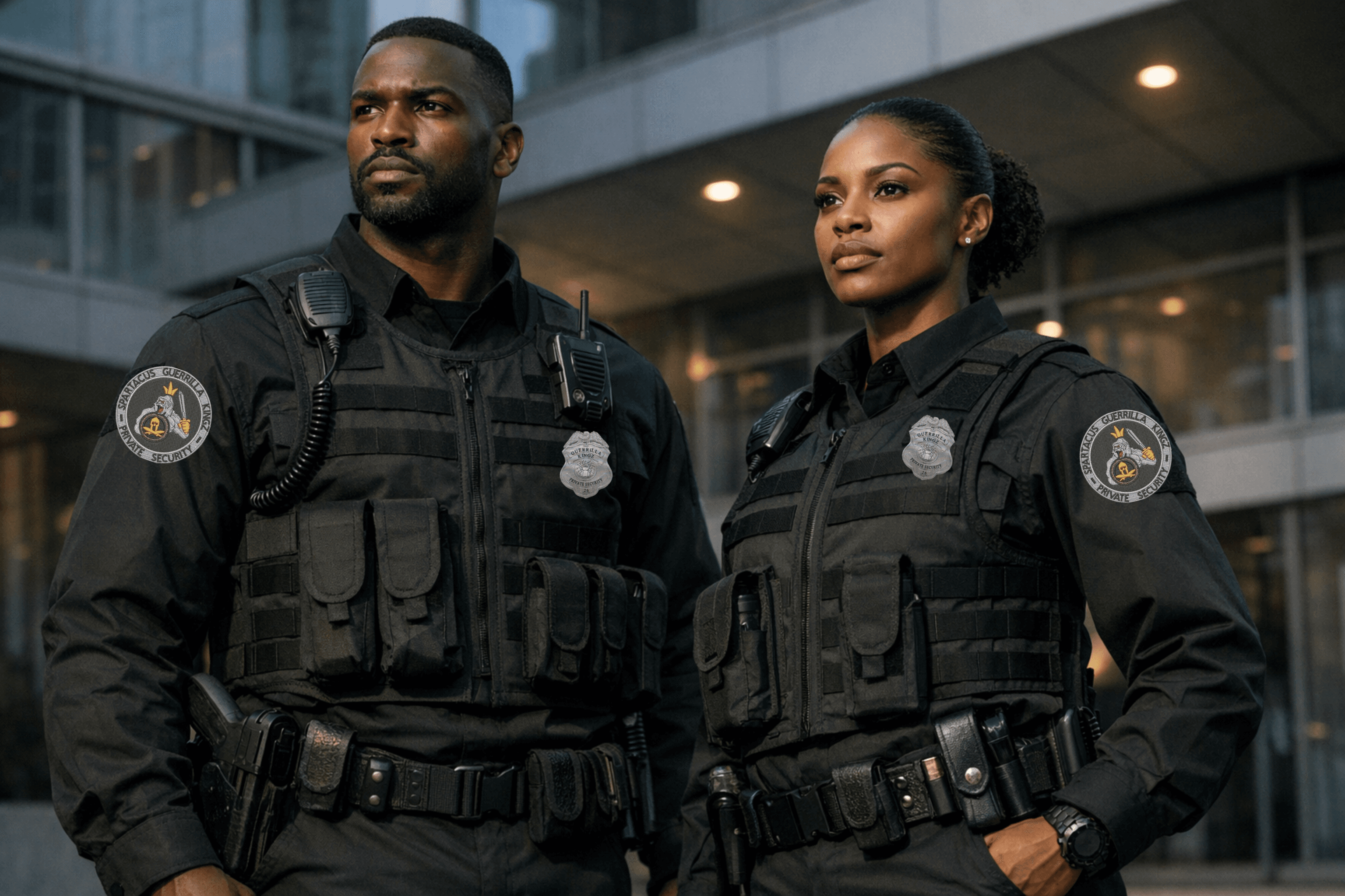 Two Black security officers in black tactical gear stand alert outside a modern office building.
