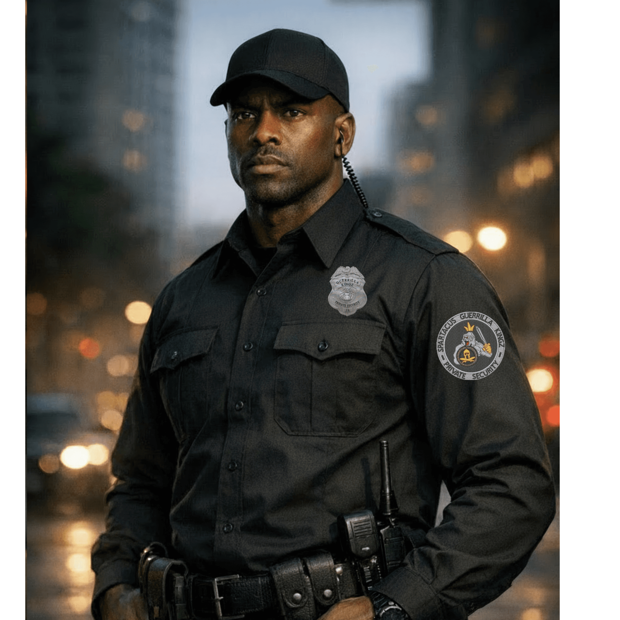 Alert Black security guard in a black uniform on a city street at night.