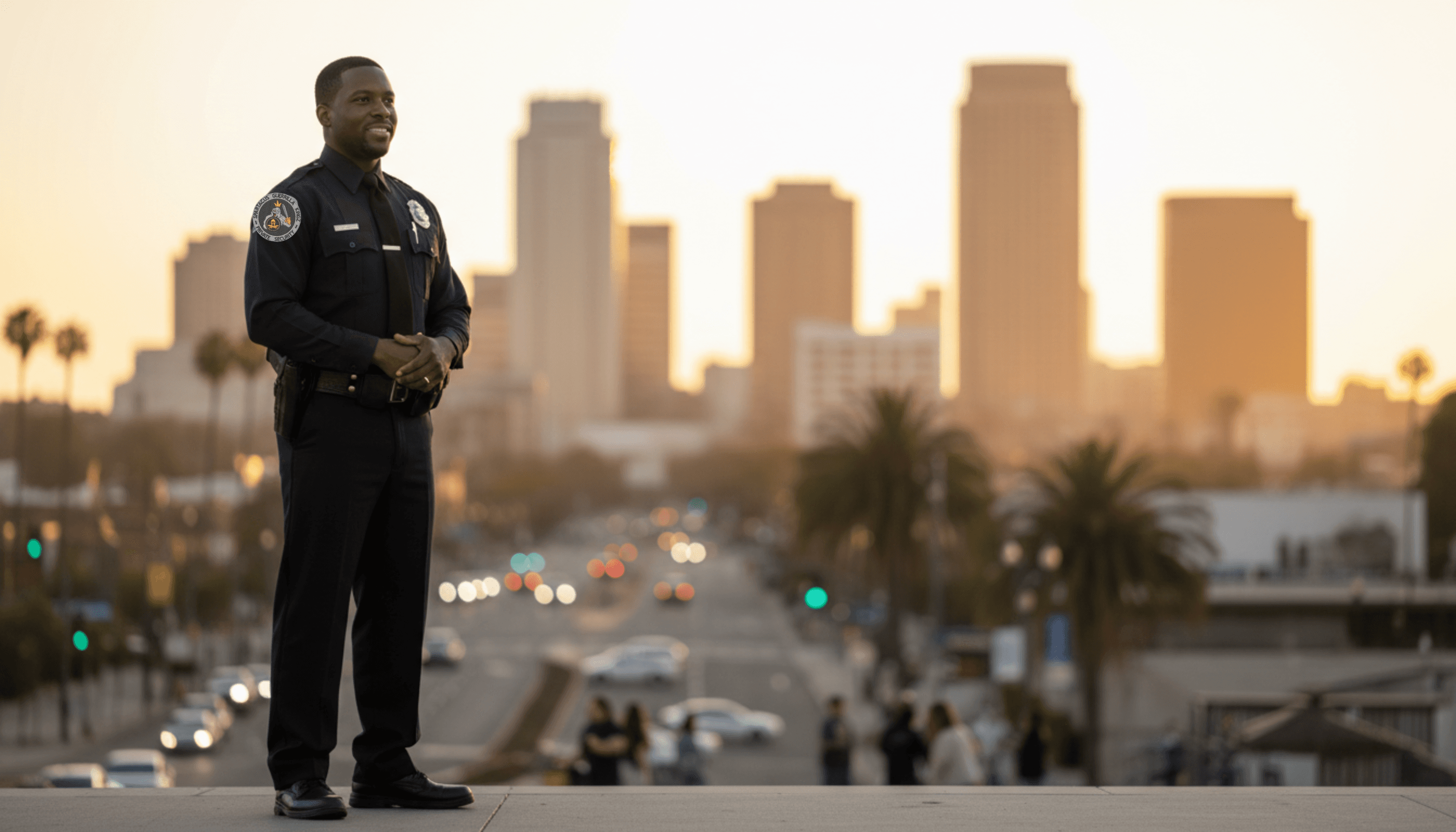 Smiling Black police officer in uniform stands before a golden city skyline at sunset.
