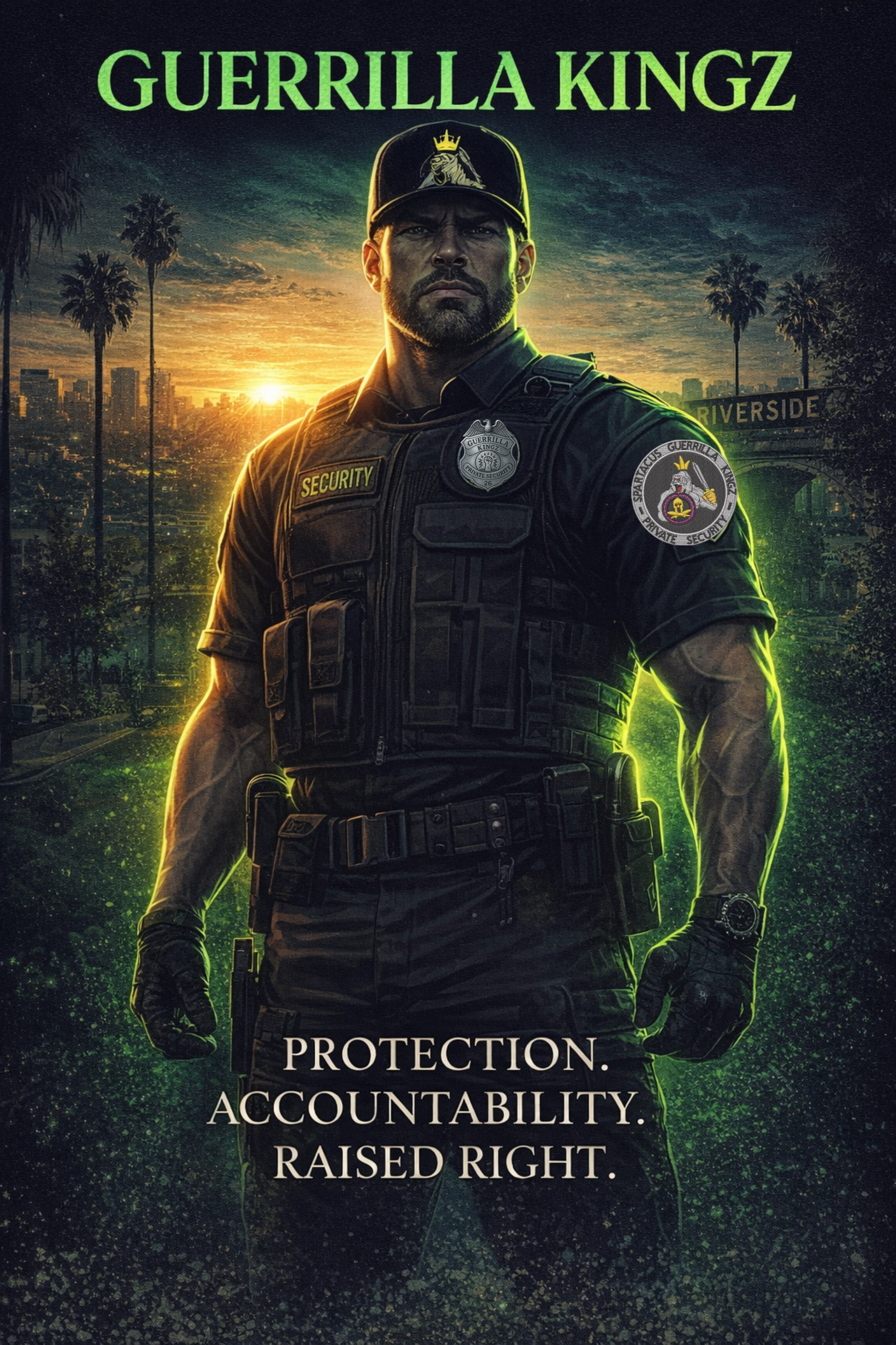 Muscular man in black security gear with Guerrilla Kingz logo against a sunset city skyline.