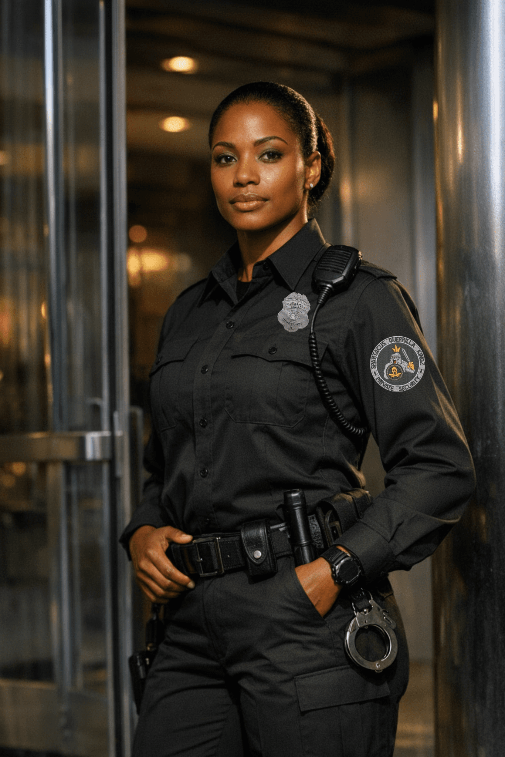 Black female security officer in a black uniform with handcuffs and radio near a doorway.