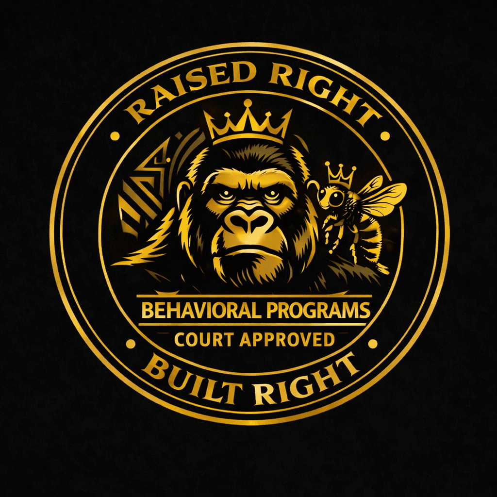 Gold circular logo featuring a crowned gorilla and bee, text Raised Right Behavioral Programs.